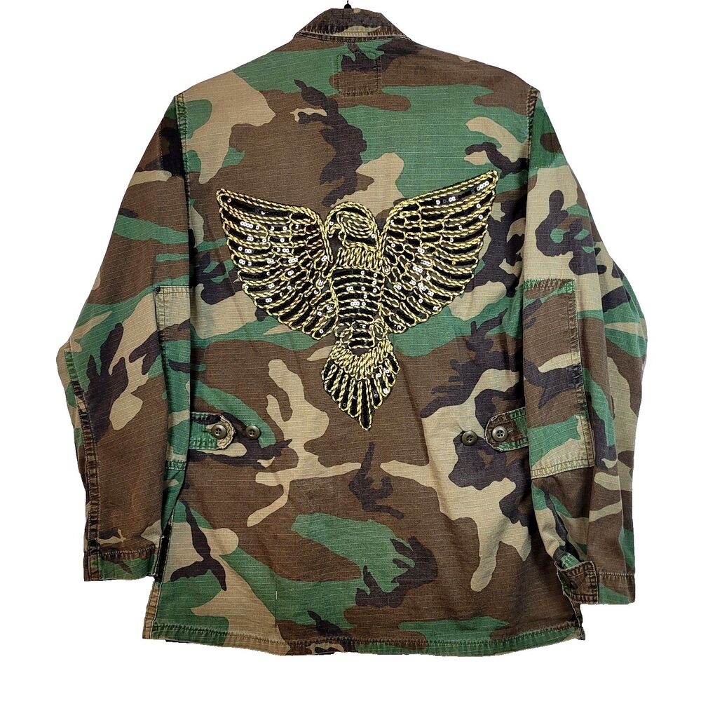 Rare Vintage Army Camo Shacket/Jacket Sequined Eagle on The Back Women's Medium